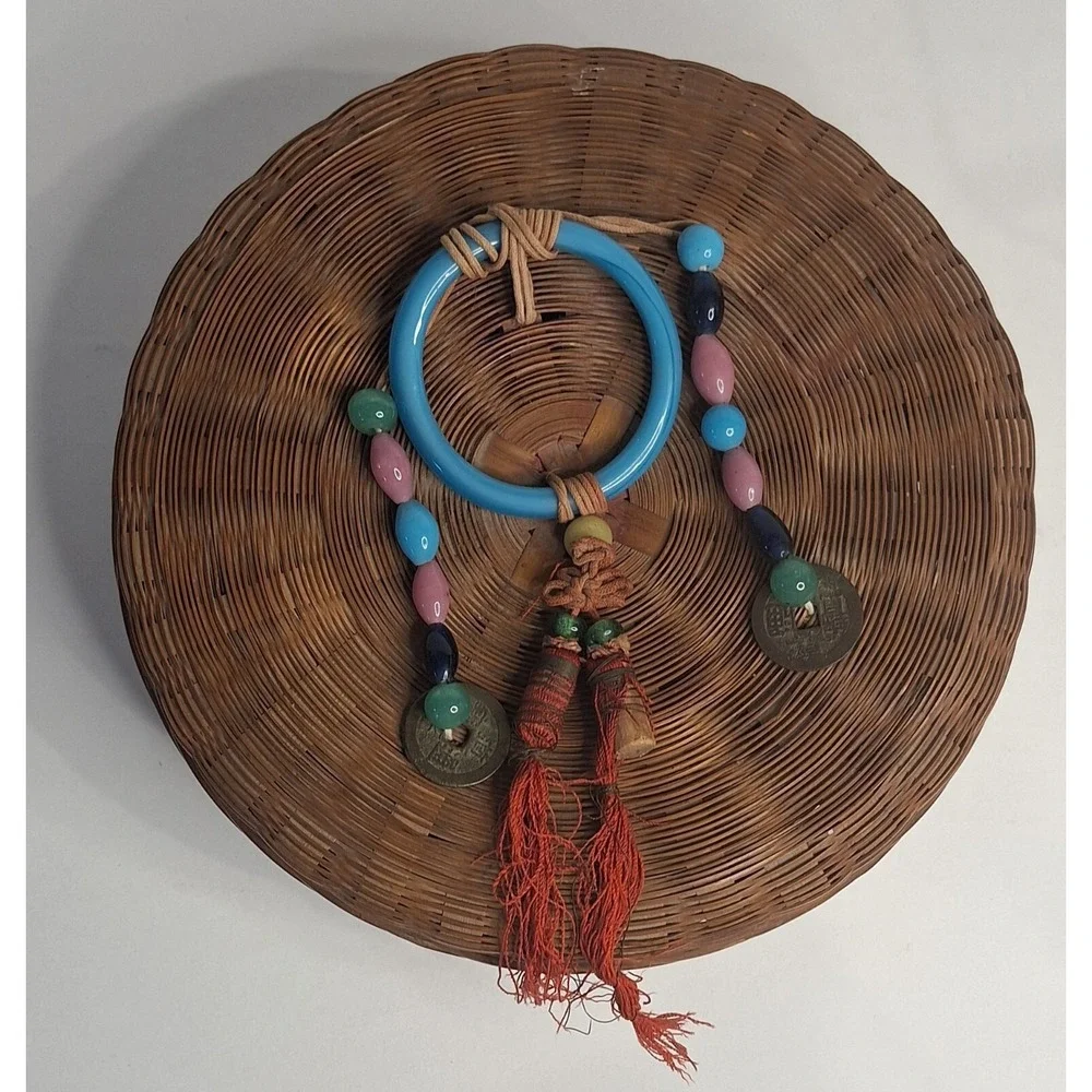 Vtg Chinese Sewing Basket Coins Glass Beads Tassels